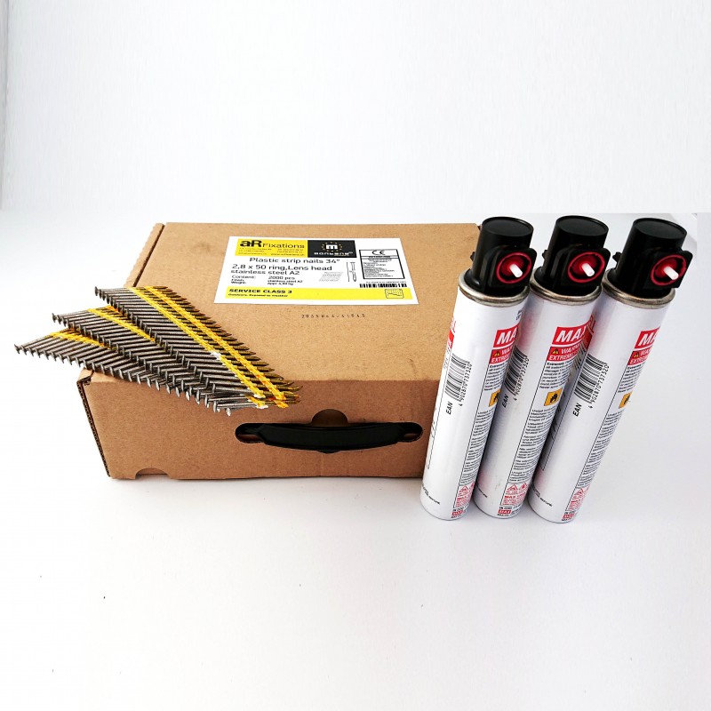 Punti barretta 34 °2.8-50 annellato inox, cartone di 2\'000 pezzi + gas.