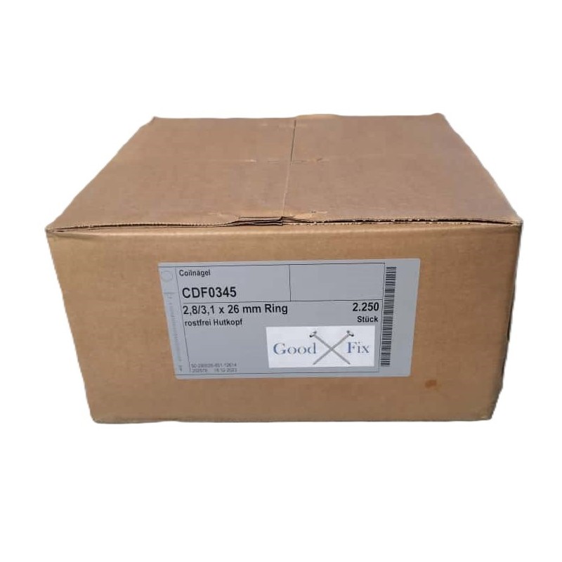 Clous 0° 25mm annelés inox, carton à 2\'250 pièces sans gaz. 