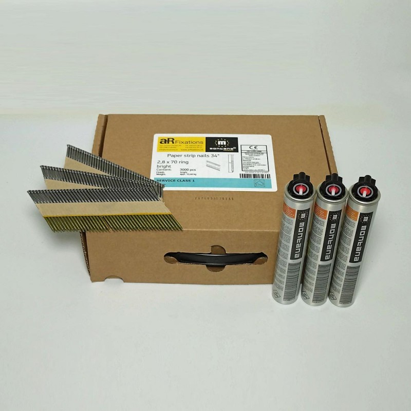Clous 70mm annelés, carton à 3\'000 pièces + gaz.